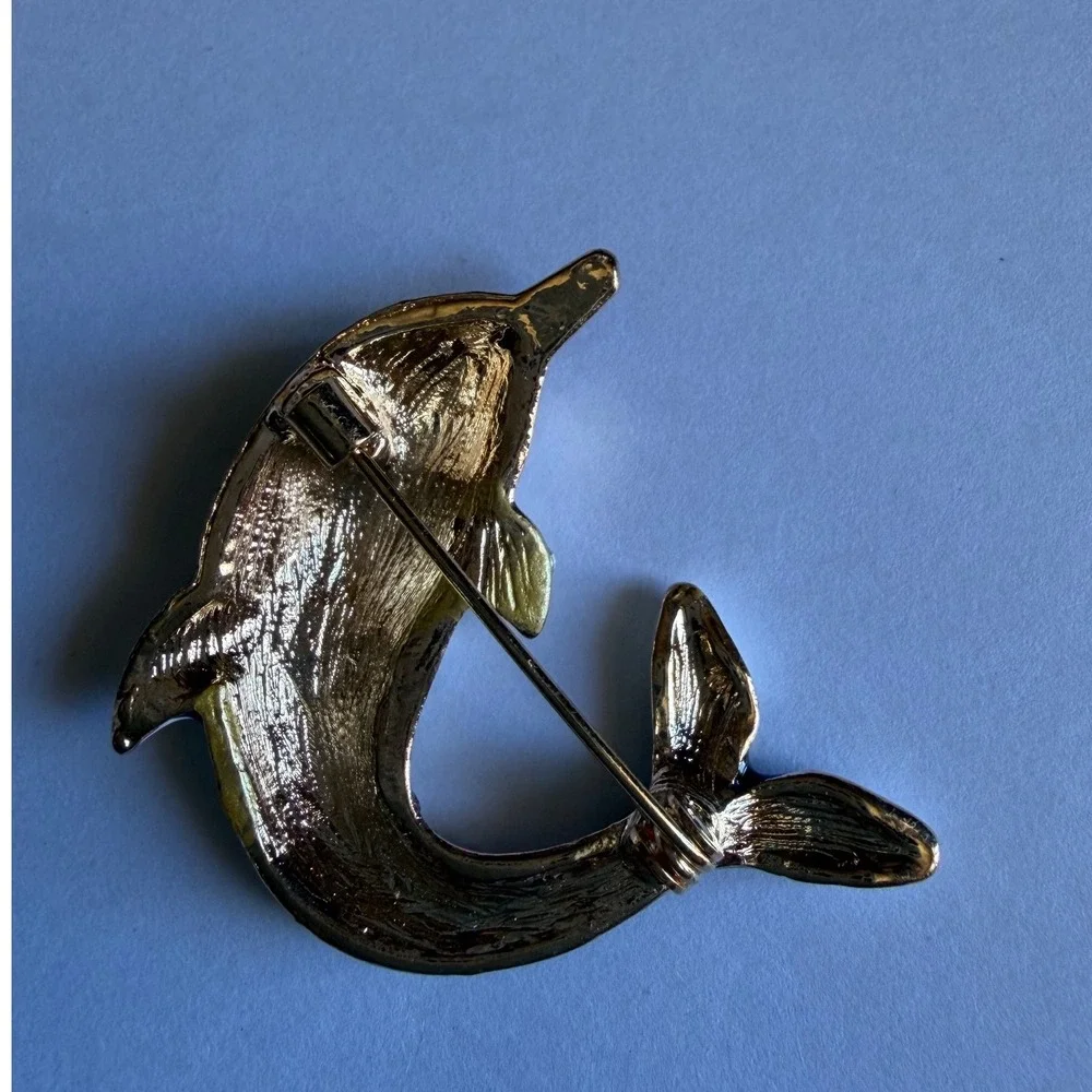 Vintage Enamel Dolphin Brooch Navy Blue Rhinestone Gold Tone Nautical Pin 1.5in
